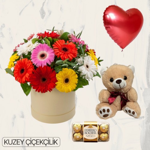 Kutuda Gerbera Ayıcık 16'lı Ferrero Çikolata Kalp Helyum Balon