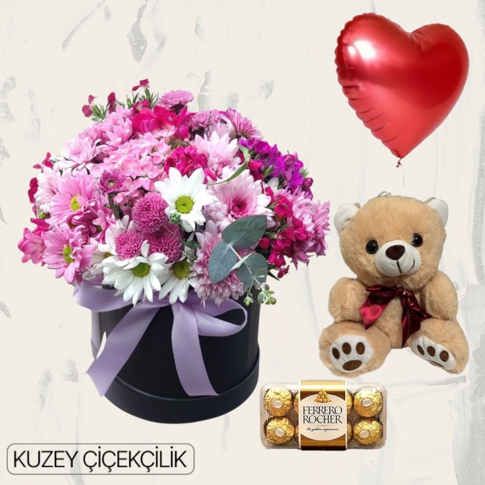 Kutuda Karışık Çiçek Ayıcık 16lı Ferrero Çikolata Kalp Helyum Balon