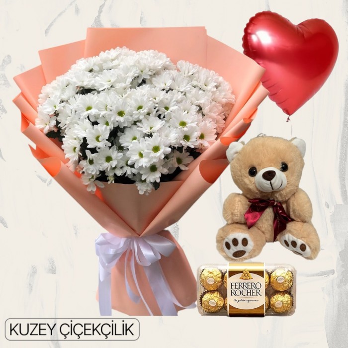 Maxi Boy Papatya Buketi Ayıcık 16lı Ferrero Çikolata Kalp Helyum Balon