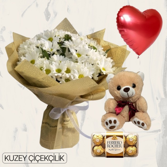 Papatya Buketi Ayıcık 16lı Ferrero Çikolata Kalp Helyum Balon