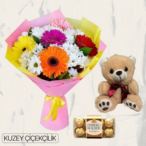 Papatya Gerbera Buketi Ayıcık 16'lı Ferrero Çikolata