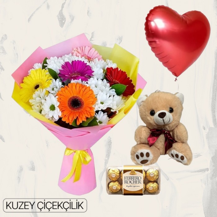 Papatya Gerbera Buketi Ayıcık 16lı Ferrero Çikolata Kalp Helyum Balon