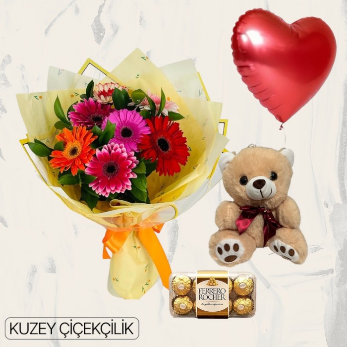 Renkli Gerbera Buketi Ayıcık 16lı Ferrero Çikolata Kalp Helyum Balon