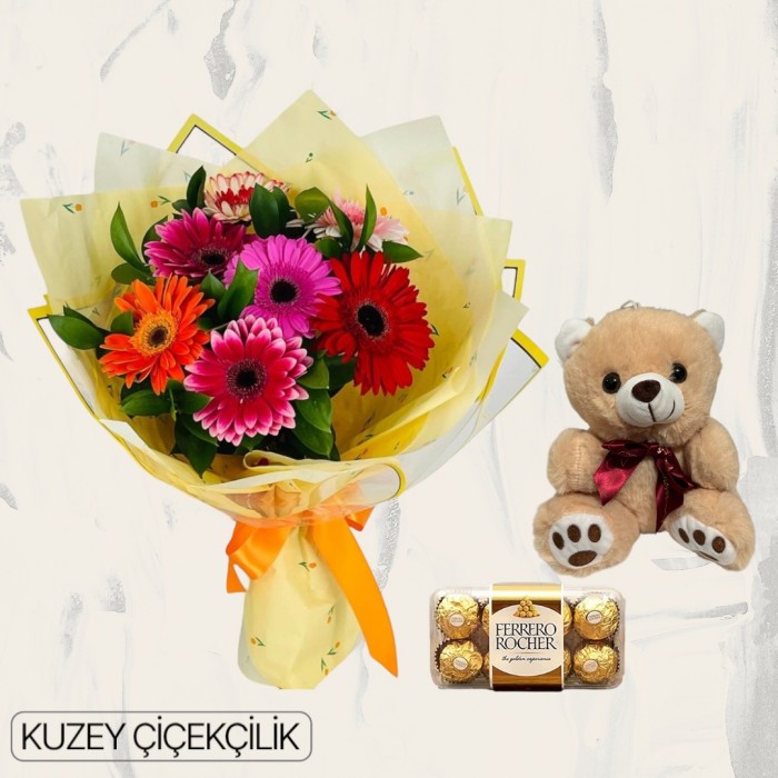 Renkli Gerbera Buketi Ayıcık 16lı Ferrero Çikolata