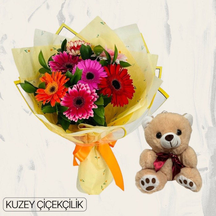 Renkli Gerbera Buketi Ayıcık