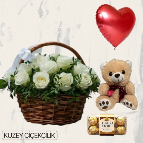 Sepette 25 Beyaz Gül Ayıcık 16'lı Ferrero Çikolata Kalp Helyum Balon