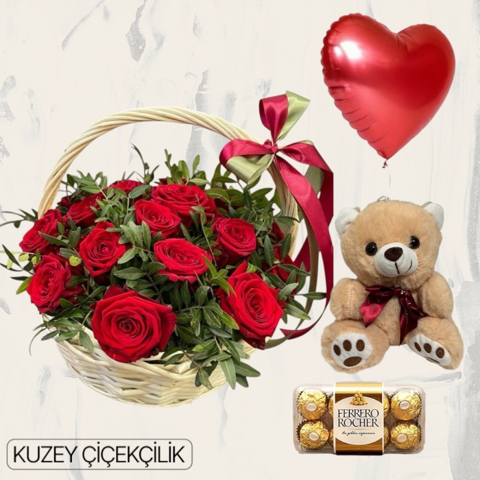 Sepette 25 Kırmızı Gül Ayıcık 16lı Ferrero Çikolata Kalp Helyum Balon