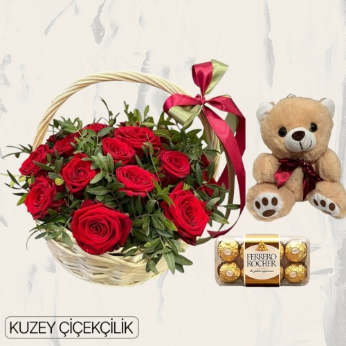 Sepette 25 Kırmızı Gül Ayıcık 16'lı Ferrero Çikolata