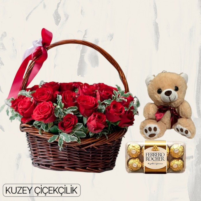 Sepette 33 Kırmızı Gül Ayıcık 16lı Ferrero Çikolata