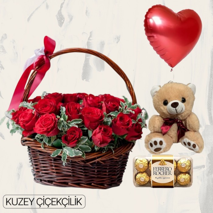Sepette 33 Kırmızı Gül Ayıcık 16lı Ferrero Çikolata Kalp Helyum Balon
