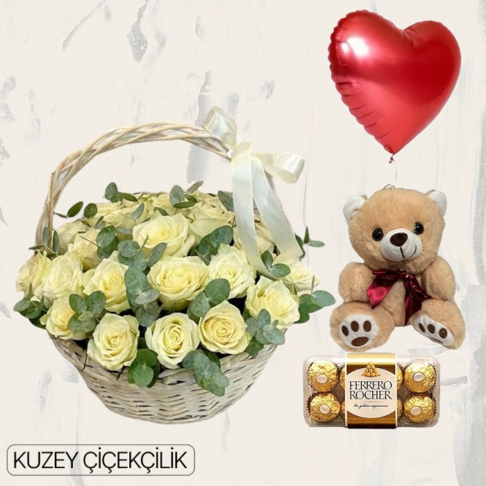 Sepette 33 Beyaz Gül Ayıcık 16lı Ferrero Çikolata Kalp Helyum Balon