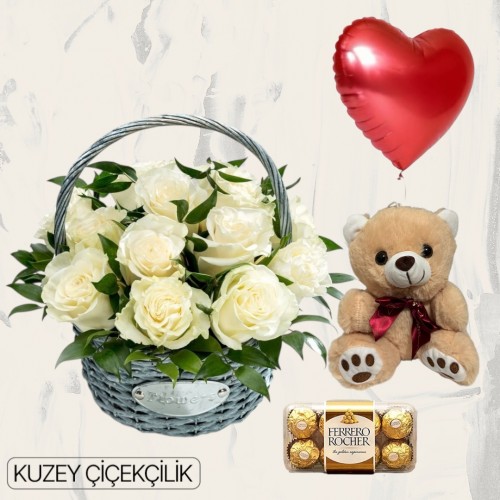 Sepette 15 Beyaz Gül Ayıcık 16'lı Ferrero Çikolata Kalp Helyum Balon