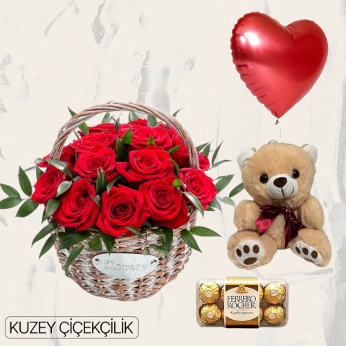 Sepette 15 Kırmızı Gül Ayıcık 16'lı Ferrero Çikolata Kalp Helyum Balon