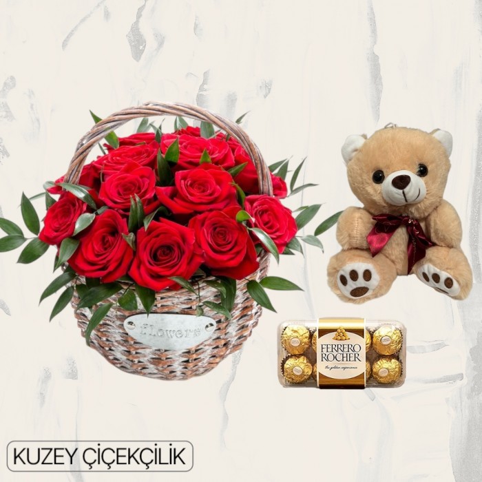 Sepette 15 Kırmızı Gül Ayıcık 16lı Ferrero Çikolata