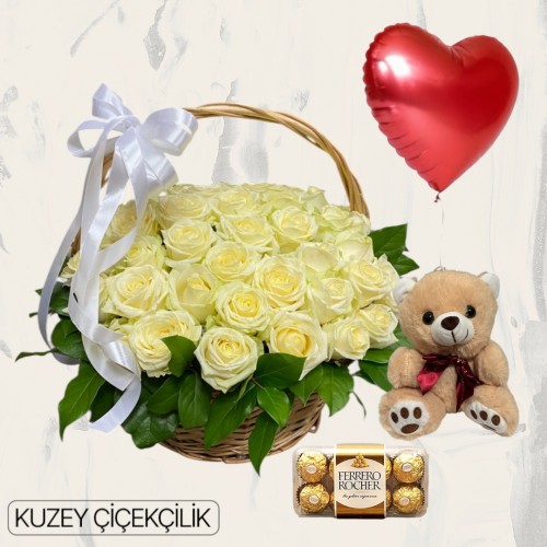 Sepette 51 Beyaz Gül Ayıcık 16'lı Ferrero Çikolata Kalp Helyum Balon