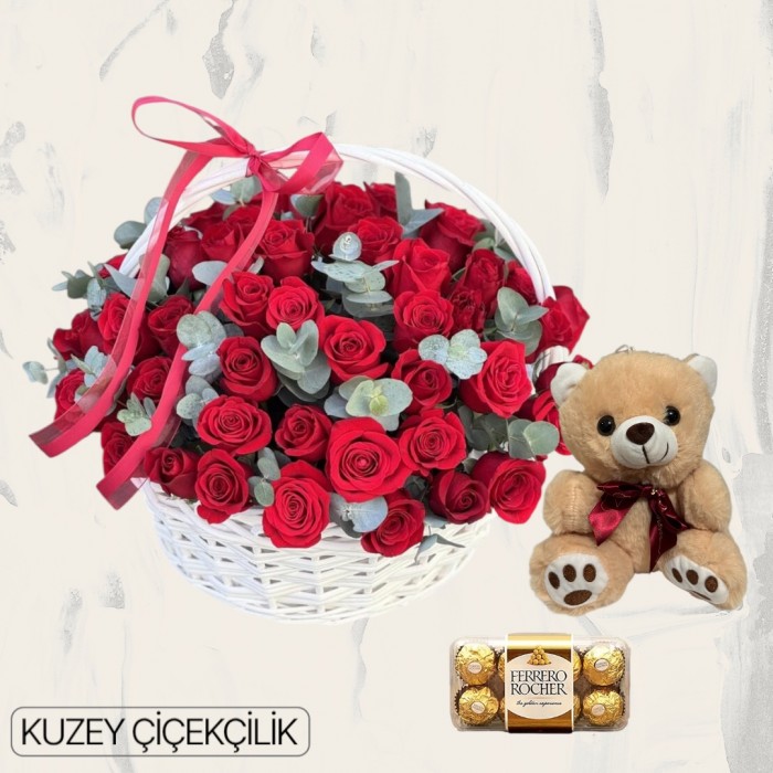 Sepette 51 Kırmızı Gül Ayıcık 16lı Ferrero Çikolata