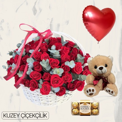 Sepette 51 Kırmızı Gül Ayıcık 16'lı Ferrero Çikolata Kalp Helyum Balon