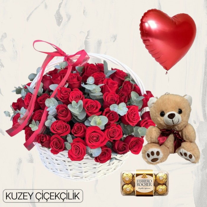 Sepette 51 Kırmızı Gül Ayıcık 16lı Ferrero Çikolata Kalp Helyum Balon