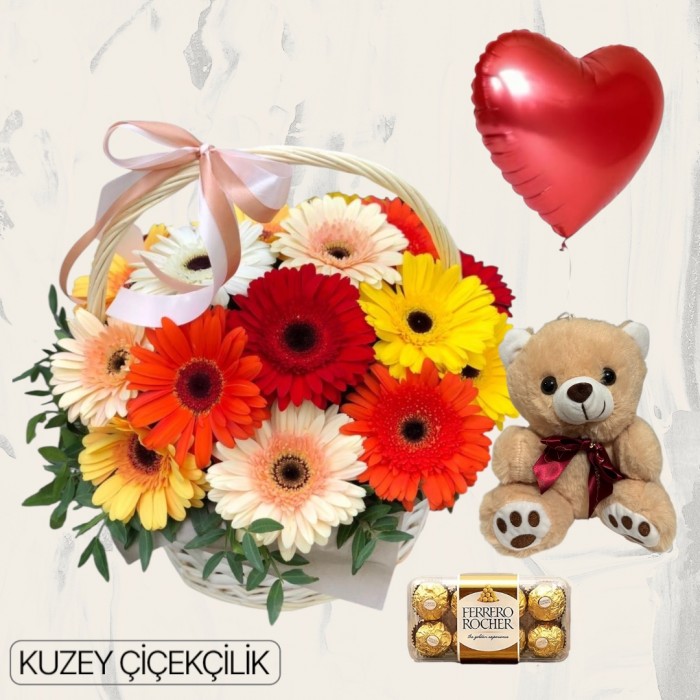 Sepette Gerbera Ayıcık 16lı Ferrero Çikolata Kalp Helyum Balon