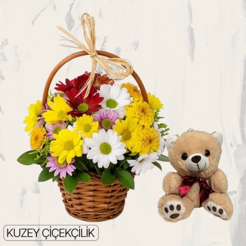 Sepette Karışık Çiçek Ayıcık 