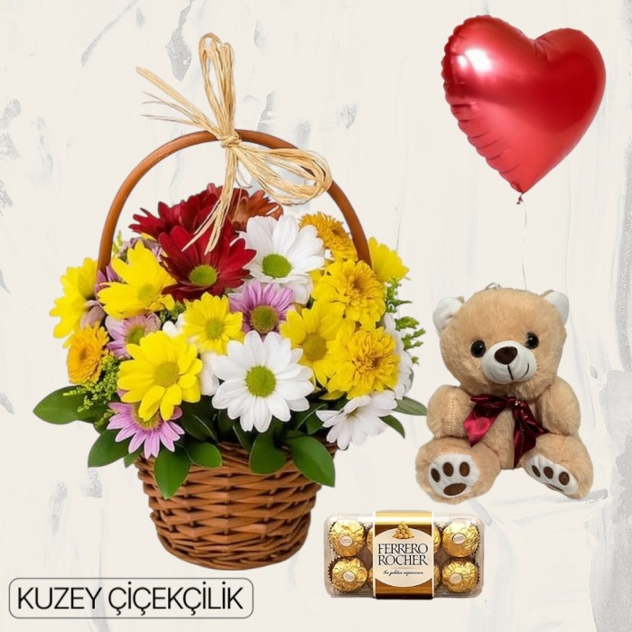 Sepette Karışık Çiçek Ayıcık 16lı Ferrero Çikolata Kalp Helyum Balon