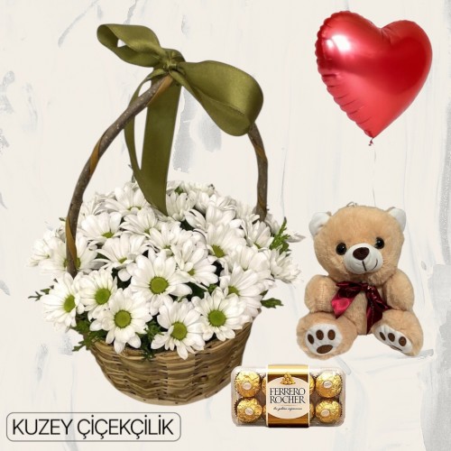 Sepette Papatya Ayıcık 16'lı Ferrero Çikolata Kalp Helyum Balon