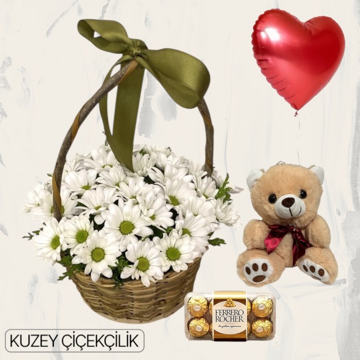 Sepette Papatya Ayıcık 16lı Ferrero Çikolata Kalp Helyum Balon