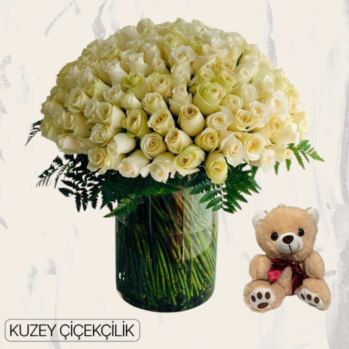 Vazoda 101 Beyaz Gül Ayıcık