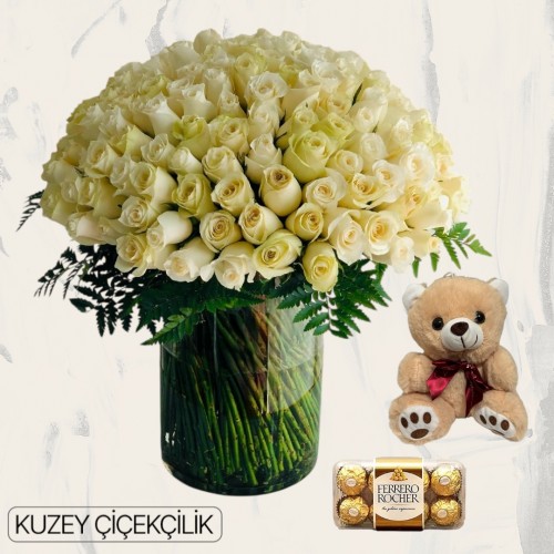 Vazoda 101 Beyaz Gül Ayıcık 16'lı Ferrero Çikolata 