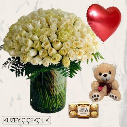 Vazoda 101 Beyaz Gül Ayıcık 16'lı Ferrero Çikolata Kalp Helyum Balon
