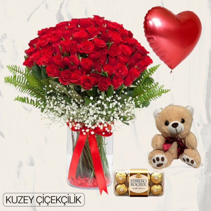 Vazoda 101 Kırmızı Gül Ayıcık 16lı Ferrero Çikolata Kalp Helyum Balon