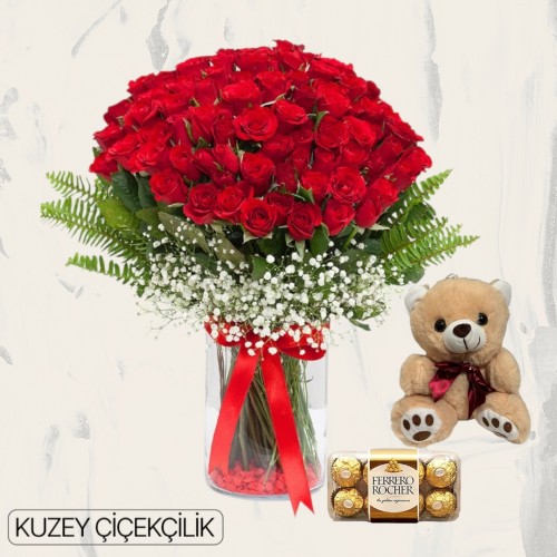 Vazoda 101 Kırmızı Gül Ayıcık 16'lı Ferrero Çikolata