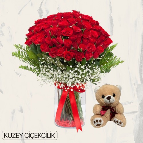 Vazoda 101 Kırmızı Gül Ayıcık