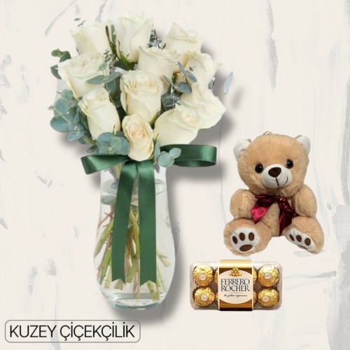 Vazoda 11 Beyaz Gül Ayıcık 16'lı Ferrero Çikolata 