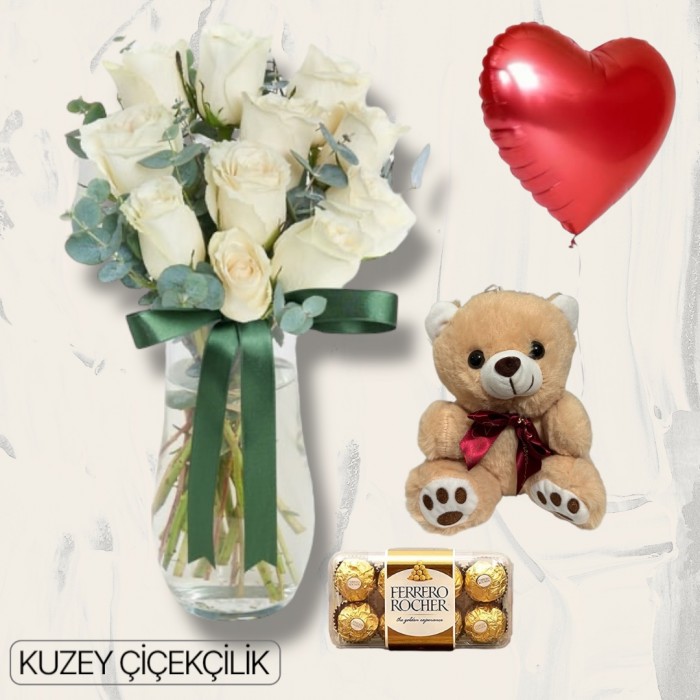 Vazoda 11 Beyaz Gül Ayıcık 16lı Ferrero Çikolata Kalp Helyum Balon