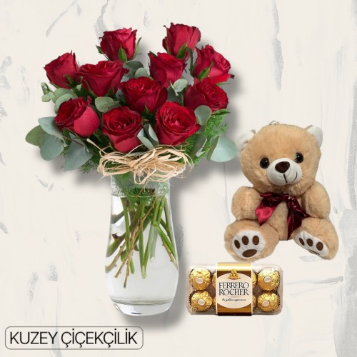 Vazoda 11 Kırmızı Gül Ayıcık 16'lı Ferrero Çikolata