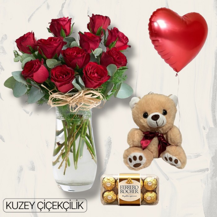 Vazoda 11 Kırmızı Gül Ayıcık 16lı Ferrero Çikolata Kalp Helyum Balon