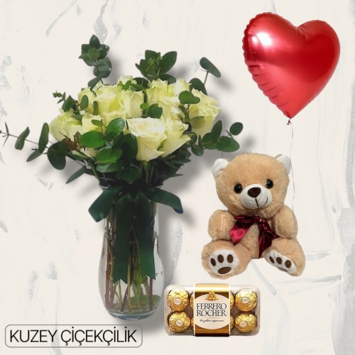 Vazoda 13 Beyaz Gül Ayıcık 16'lı Ferrero Çikolata Kalp Helyum Balon