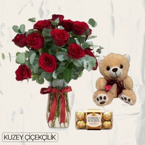 Vazoda 13 Kırmızı Gül Ayıcık 16'lı Ferrero Çikolata