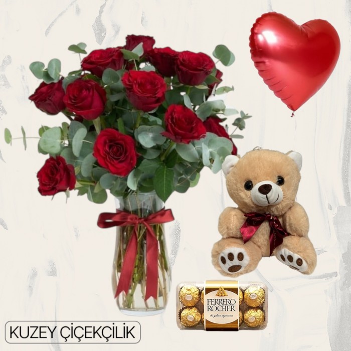 Vazoda 13 Kırmızı Gül Ayıcık 16lı Ferrero Çikolata Kalp Helyum Balon