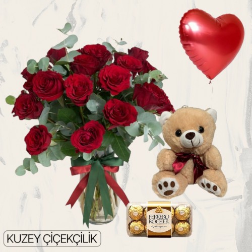 Vazoda 17 Kırmızı Gül Ayıcık 16'lı Ferrero Çikolata Kalp Helyum Balon