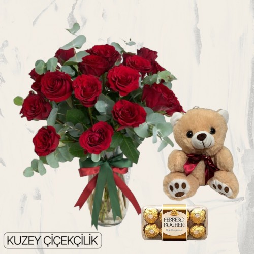 Vazoda 17 Kırmızı Gül Ayıcık 16'lı Ferrero Çikolata