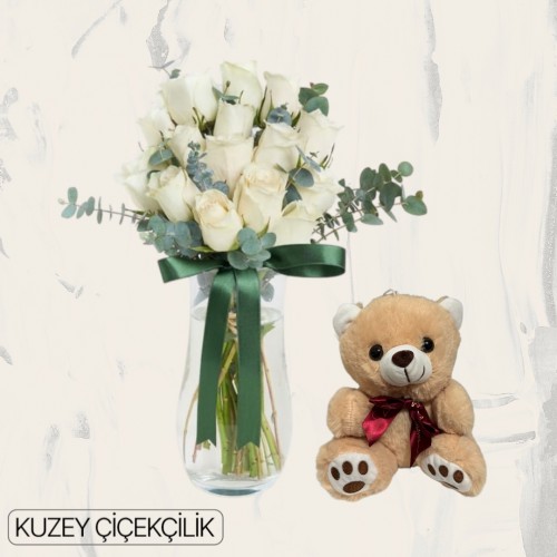 Vazoda 15 Beyaz Gül Ayıcık 