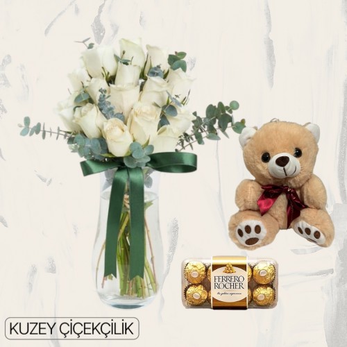 Vazoda 15 Beyaz Gül Ayıcık 16'lı Ferrero Çikolata 