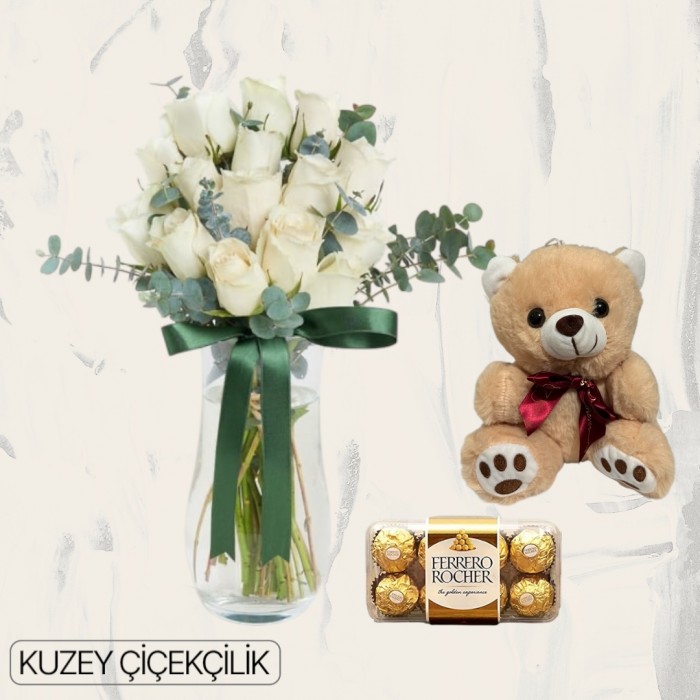 Vazoda 15 Beyaz Gül Ayıcık 16lı Ferrero Çikolata