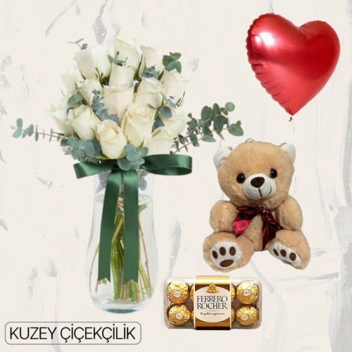 Vazoda 15 Beyaz Gül Ayıcık 16'lı Ferrero Çikolata Kalp Helyum Balon