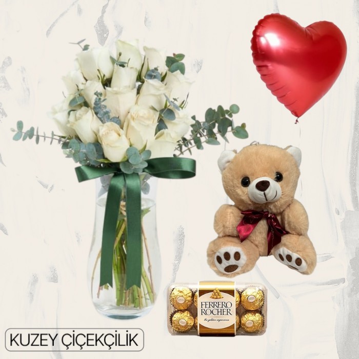 Vazoda 15 Beyaz Gül Ayıcık 16lı Ferrero Çikolata Kalp Helyum Balon