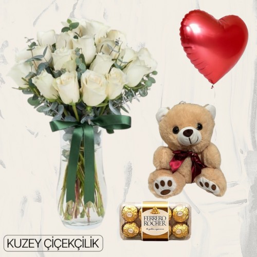 Vazoda 17 Beyaz Gül Ayıcık 16'lı Ferrero Çikolata Kalp Helyum Balon