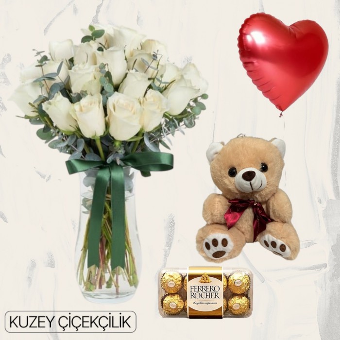Vazoda 17 Beyaz Gül Ayıcık 16lı Ferrero Çikolata Kalp Helyum Balon