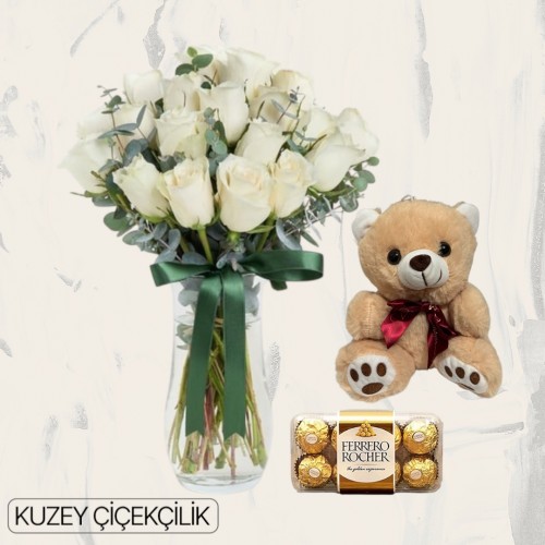 Vazoda 17 Beyaz Gül Ayıcık 16'lı Ferrero Çikolata